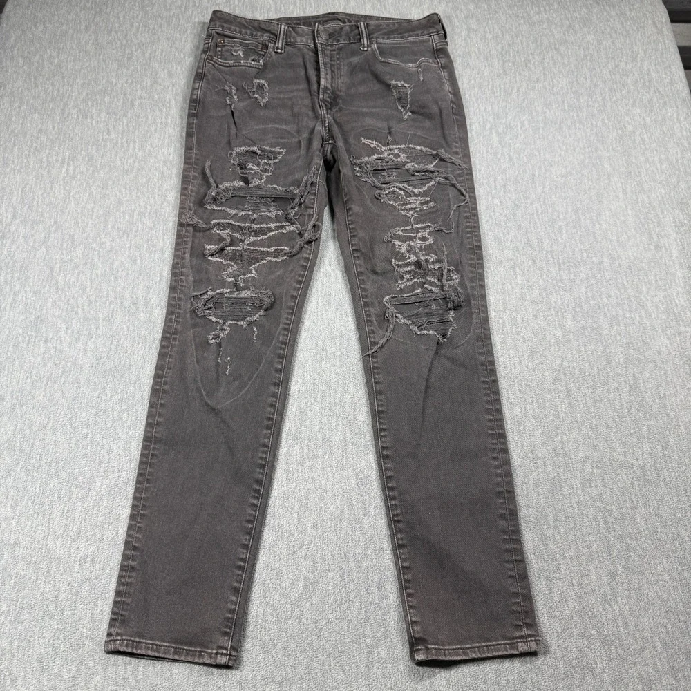 American Eagle Jeans Mens 32x32 Black Airflex+ Distressed Ripped Skinny Stretch
